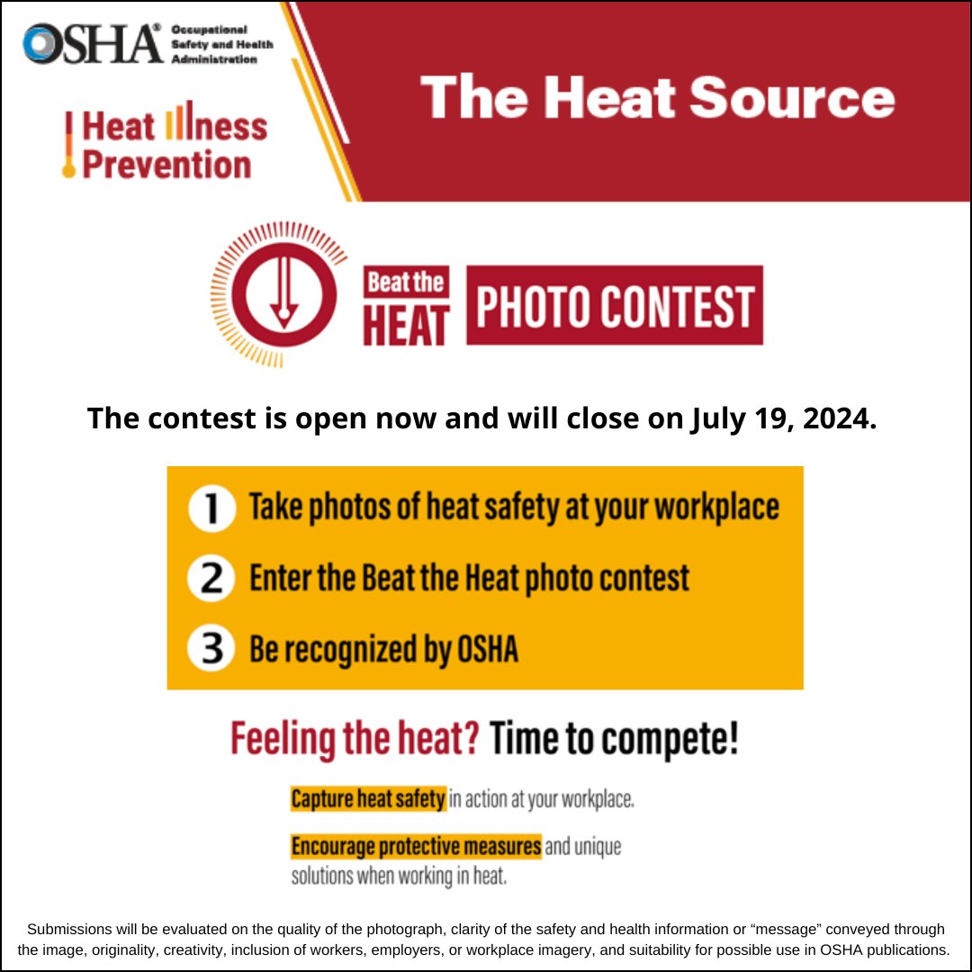 🌡️ 📸 Calling all workplaces! Enter @OSHA_DOL's Beat the Heat photo contest with images showing best practices for keeping workers safe from indoor and outdoor #heat hazards. Learn more and enter here: bit.ly/3KbJ0Dp #HeatSafety