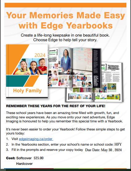 Don't miss out on ordering your 2023/2024 Yearbook!  Deadline to order is tomorrow, Friday May 31, 2024!