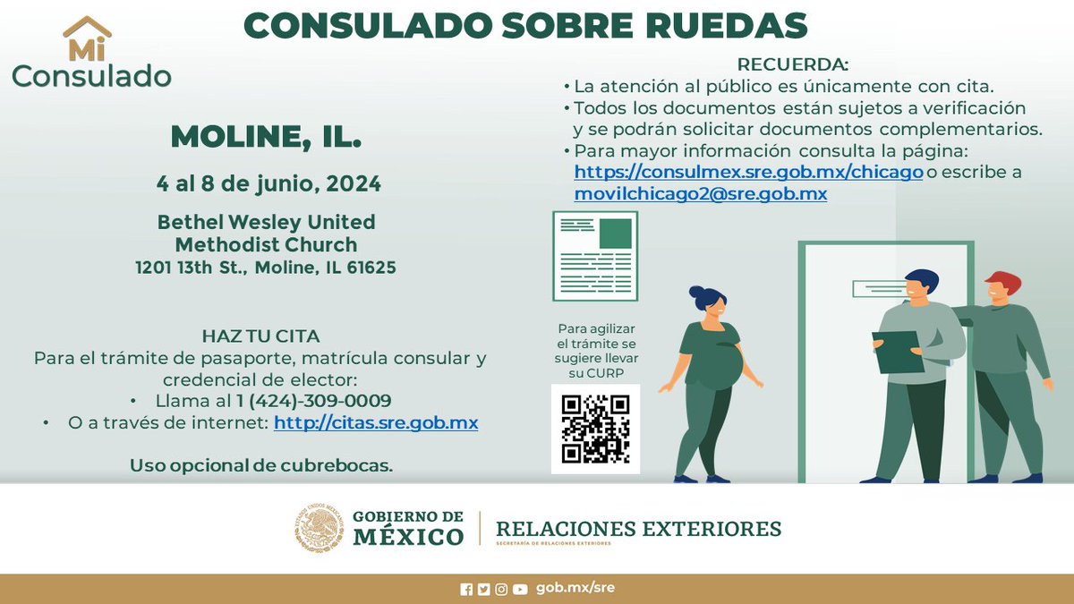 🚨En este momento hay citas disponibles para el Consulado Sobre Ruedas que visitará Moline del 4 al 8 de junio de 2024. Haga su cita por📞o WhatsApp al 1-(424)-309-0009, en citas.sre.gob.mx o, en caso de emergencia, escribiendo a conchicago@sre.gob.mx