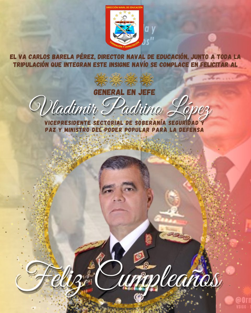 El Va Carlos Barela Pérez, Junto a toda la Tripulación que Integran este Insigne Navío se complace en Felicitar al GJ <a href="/vladimirpadrino/">Vladimir Padrino L.</a>, Vicepresidente Sectorial de Soberanía Seguridad y Paz, y Ministro del Poder Popular para la de Defensa. Por arribar al año más de vida.