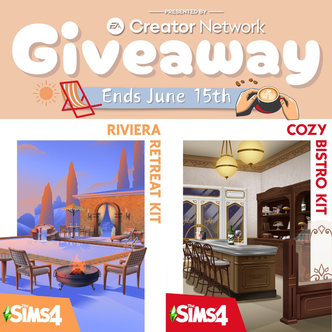 Thanks to the #EACreatorNetwork I am doing a GIVEAWAY for the #RivieraRetreatKit & the #CozyBistroKit💜

‧˚✧ To Enter ✧˚‧
⤷ Like & RT
⤷ Comment your favorite food emoji🥐

One winner for each kit💜

Open for all platforms!!

#TheSims4 #TheSims #Giveaway #EAPartner