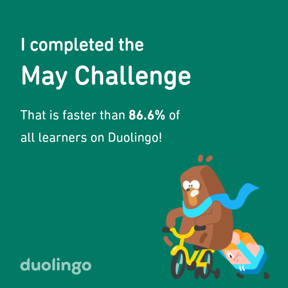 Ghadeerhamadeh7's tweet photo. I completed the May challenge faster than 86.6% of all learners on Duolingo! https://t.co/ypFpmkeLXV