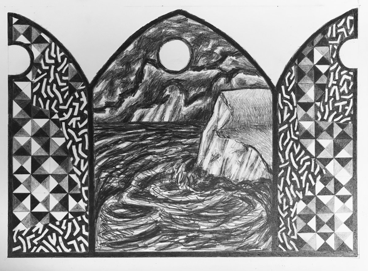 The Sea and the Dry Land.
17x25cm.
This one had been lying idle for a while. I was able to put the finishing touches today.

#drawing #pencildrawing #christianart #Christianart #faith #seascape #triptych #welshartist #britart #welshart