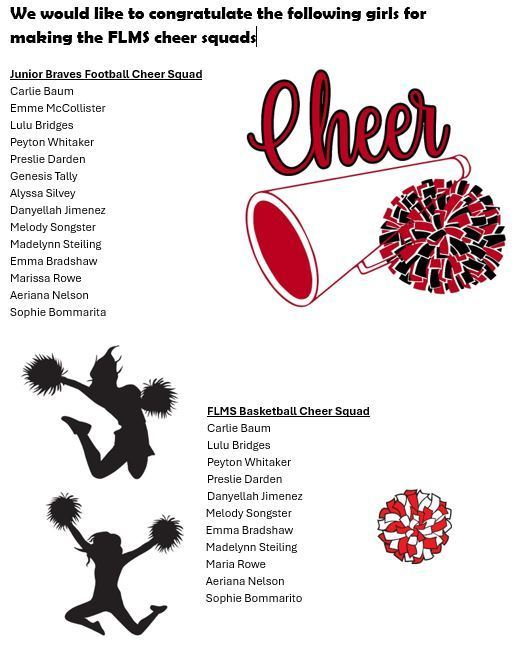 Congratulations to all the girls who made it to the Junior Braves Football Cheer Squad and the FLMS Braves Basketball Cheer Squad.  We can't wait to see you cheer at the games!
