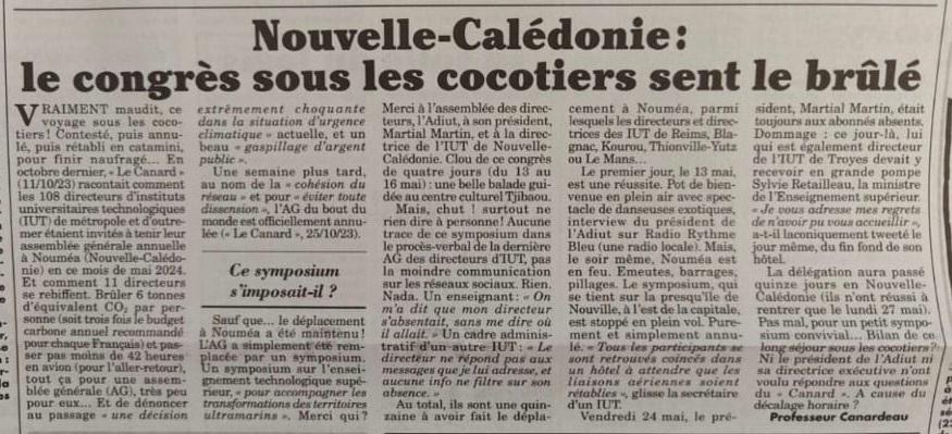 Haekel10's tweet photo. Les directeurs d' #IUT encore épinglés par le @canardenchaine :
Les directeurs partent en symposium à #Nouméa. Malheureusement, c'est la révolte en #Kanaky.  Nos chefs sont des visionnaires ! 
@JulienGossa @yannbisiou #BUT #ADIUT https://t.co/5tZ65oPQgs
