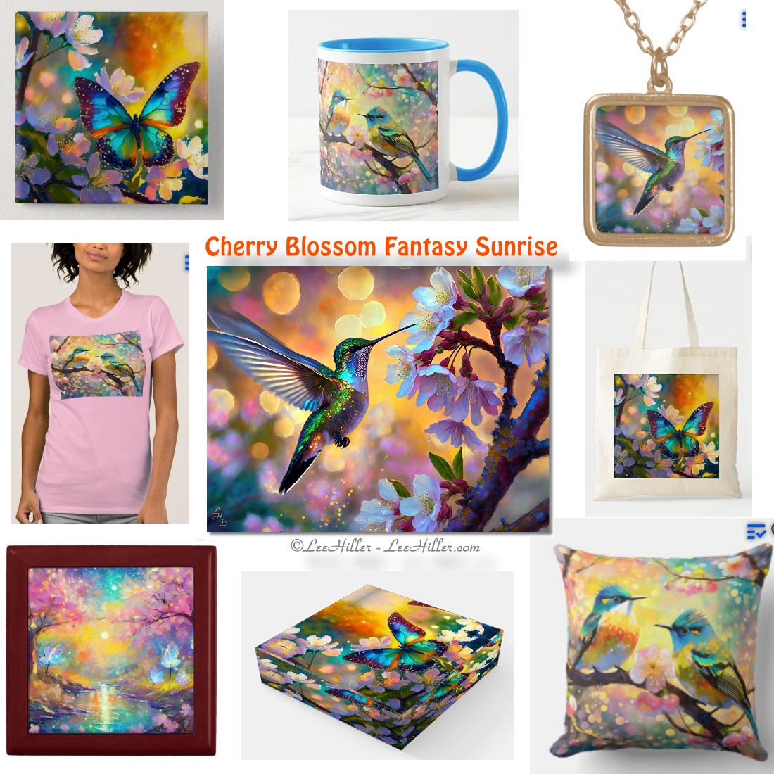 🌸🌿🎑 🌸🌿🎑 🌸🌿 Art Gifts - Cherry Blossom Fantasy Sunrise #art #fantasyart #fantasy #sunrise #cherryblossoms #butterfly #hummingbird #songbirds #homedecor #gifts #giftideas #poster #button #jewelrybox #tote #necklace #mugs #paperweight bit.ly/CherryBlossomF…