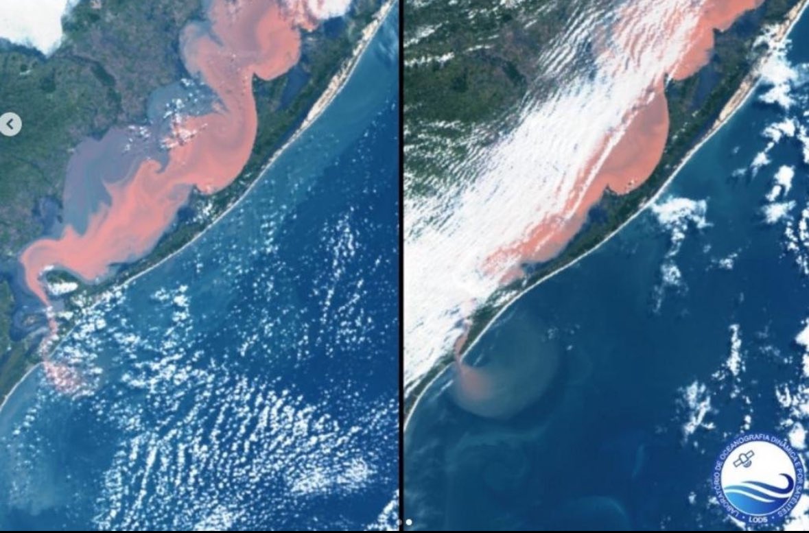 Uma mancha vermelha surge na água da Lagoa dos Patos, por causa da enchente no Rio Grande do Sul. Ela está desaguando no Oceano Atlântico, confirme registram as imagens do satélite Sentinel-3, do Laboratório de Oceanografia Dinâmica e por Satélites (Lods) da Furg