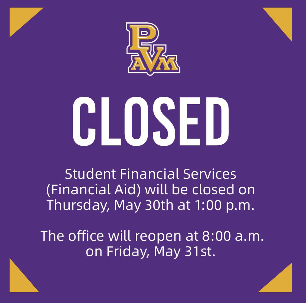 PVFinancialAid's tweet photo. Our office will be close today, we will reopen normally business hours on tomorrow. https://t.co/Sy5uZLWMh6