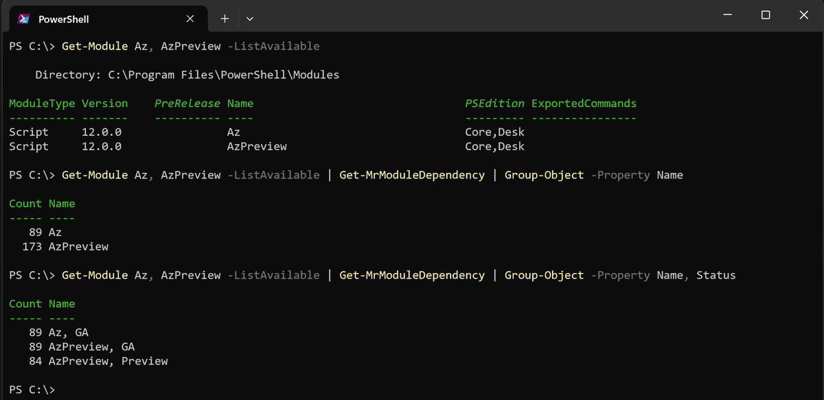 The Az #PowerShell module version 12.0.0 includes 89 modules, not counting Az. When you install AzPreview, you get all the GA modules from Az plus all the preview modules, excluding feature previews. For details on the differences, visit: learn.microsoft.com/powershell/azu…