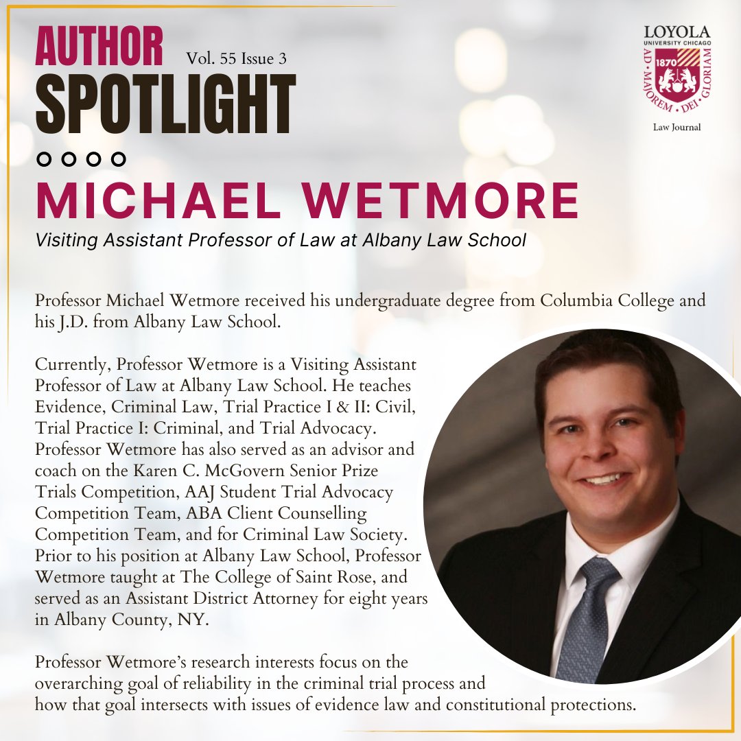 Issue 3 Author Spotlight 📣
Prof. Michael Wetmore

Wetmore argues Hemphill v. New York should be retroactive as it is essential to the fundamental fairness of a trial.

Read here: bit.ly/3yElY5R