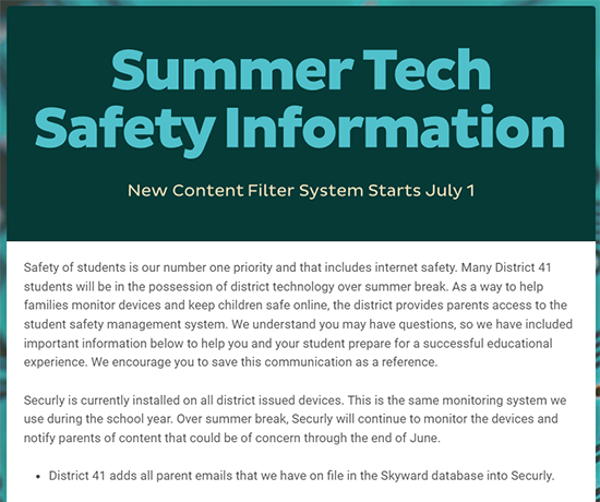 D41 summer tech safety information: New content filter system starts July 1. MORE DETAILS HERE:  secure.smore.com/n/vars7