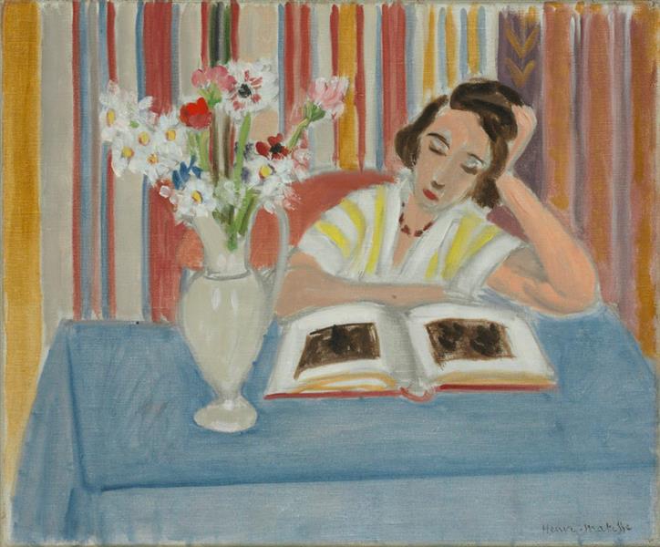 Henri Matisse 'Girl Reading, Vase of Flowers', 1922, oil on canvas, still life, interior, genre painting, Fauvism.