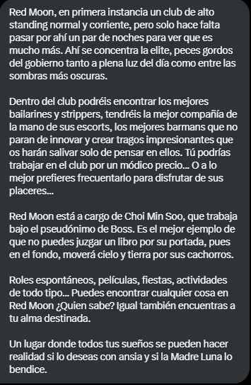 🫐; <a href="/RedMoonRolPromo/">🐾 ᎡᎬᎠ ᎷᏫᏫN®</a>  Red Moon es un club de alto standing que atrae a la élite, incluidos peces gordos del gobierno. Ofrece bailarines, strippers, escorts y barmans innovadores. Puedes trabajar allí o disfrutar de sus placeres como cliente.