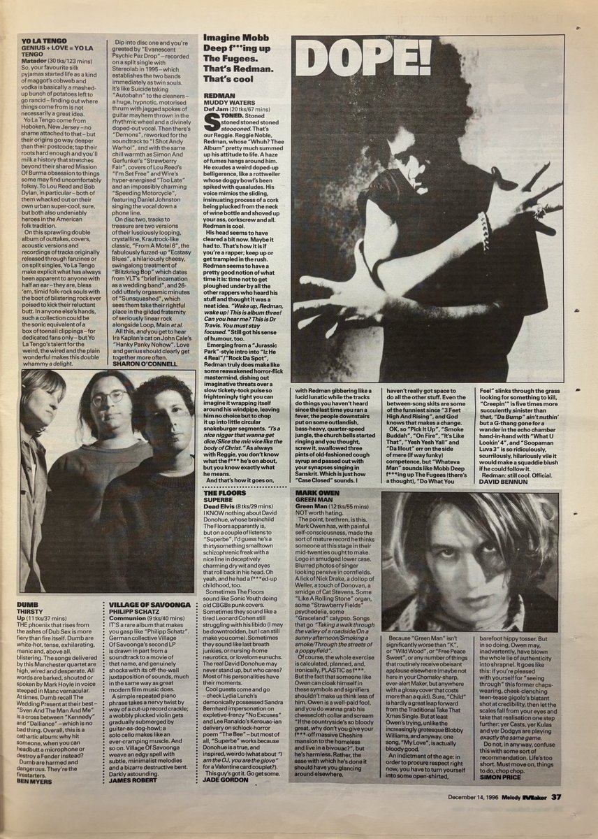 Albums! Redman! Yo La Tengo! Dumb! The Floors! Village of Savoonga! Mark Owen! Melody Maker, 14 December 1996. #MelodyMaker #MyLifeInTheUKMusicPress #1996