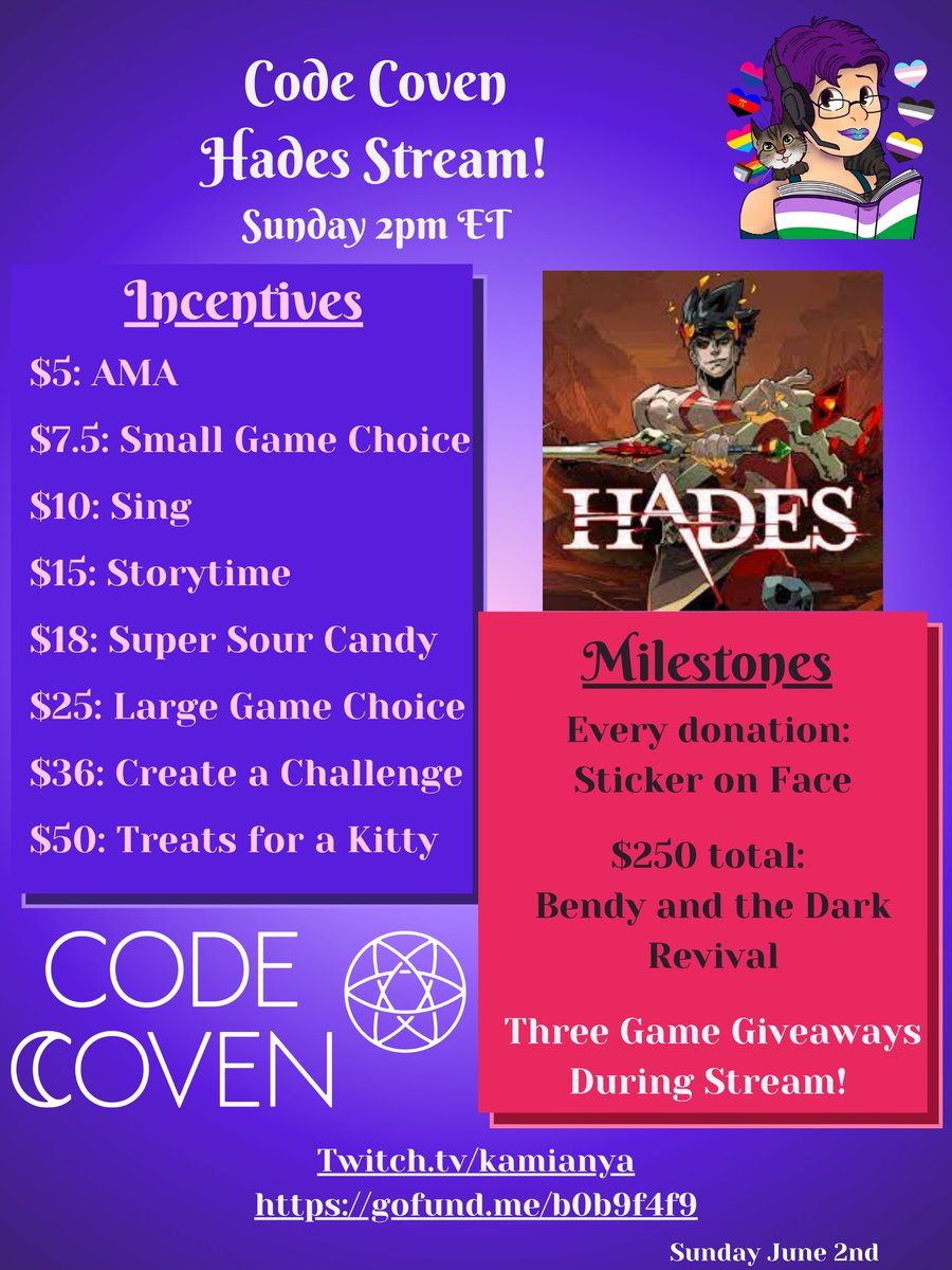 KamiAnya on bsky 🏳️⚧️✡♿️ (they/them) (@kamianya1) on Twitter photo Sunday at 2pm ET, I am streaming for <a href="/code_coven/">✨Code Coven✨</a>!
I'm playing Hades, fun incentives and milestones (and a special secret super stretch milestone), adorable stickers, and three game giveaways during the stream! It's sure to be a fun time 💜 Sunday at 2pm ET, I am streaming for <a href="/code_coven/">✨Code Coven✨</a>!
I'm playing Hades, fun incentives and milestones (and a special secret super stretch milestone), adorable stickers, and three game giveaways during the stream! It's sure to be a fun time 💜