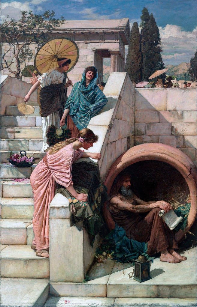 John William Waterhouse, 1849-1917 'Diógenes' (1882) Óleo sobre lienzo, 208.3 x 134.6 cm. Galería de Arte de Nueva Gales del Sur, Sidney. En el cuadro de Waterhouse, Diógenes, el antiguo filósofo asceta que vivía en una tina y llevaba una linterna en busca de un hombre honesto,