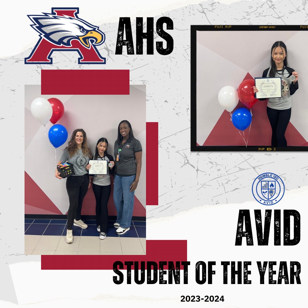 Congratulations to @HumbleISD_AHS AVID Student of the Year, Jasmine. She is dedicated to excellence in both her academics and service - core components of the AVID philosophy. We cannot wait to see how she continues pursuing excellence her senior year!