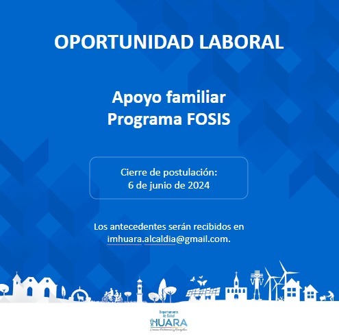 📍Estamos buscando un profesional para apoyo familiar del programa @FosisTarapaca.

Postula antes de las 14:00 horas del jueves 6, y revisa la info en▶️ imhuara.cl/oferta-laboral…

Comparte esta información a quien le pueda interesar. 🫱🏻‍🫲🏼

#Iquique #Tamarugal #Tarapacá #Empleo