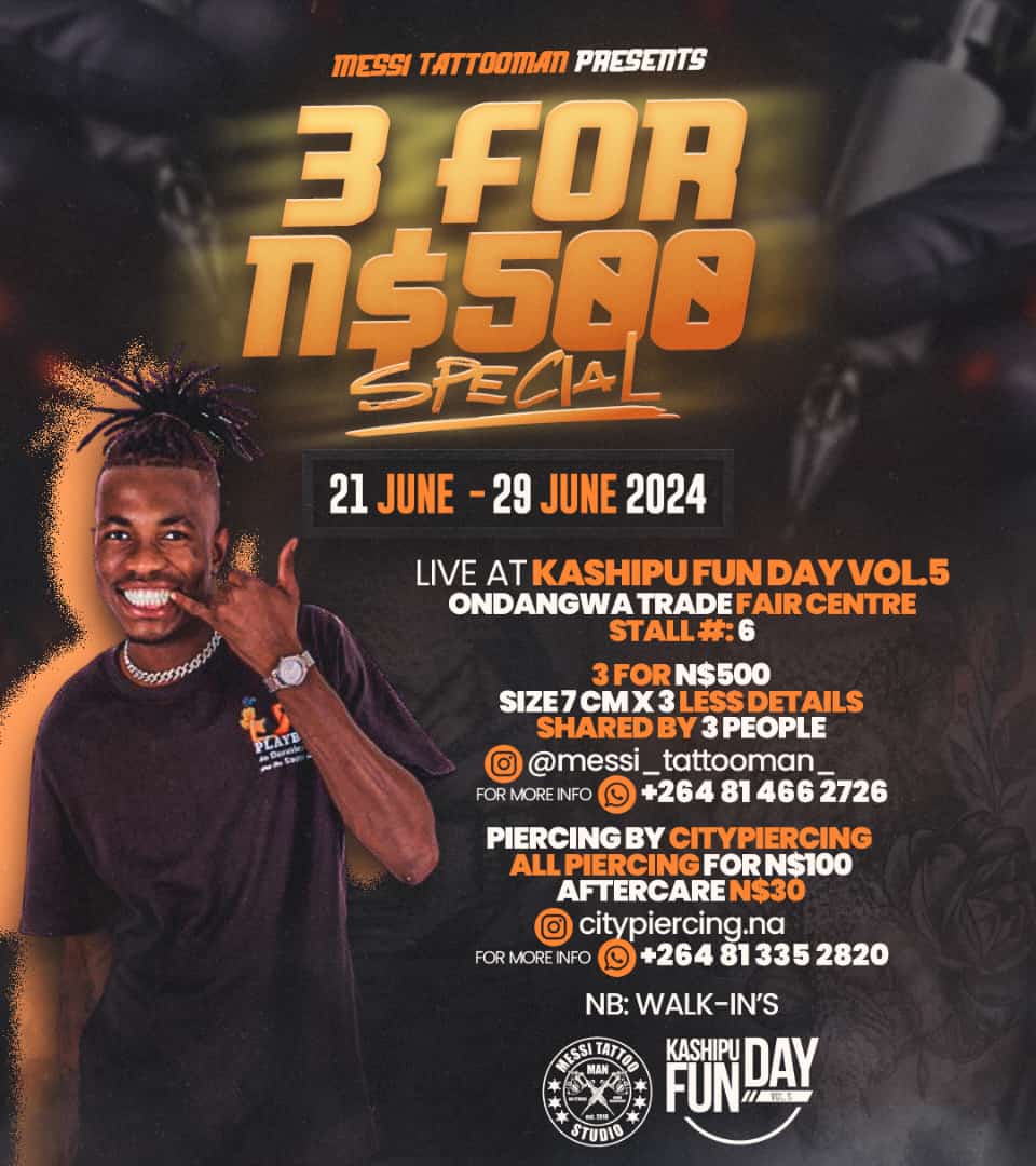 Visit Messi Tatooman <a href="/KashipuD/">KashipuFunDay</a>
Stall: 6
21 June- 29 June 2024
Ondangwa Trade Fair Centre 

#KashipuFunDayVol5