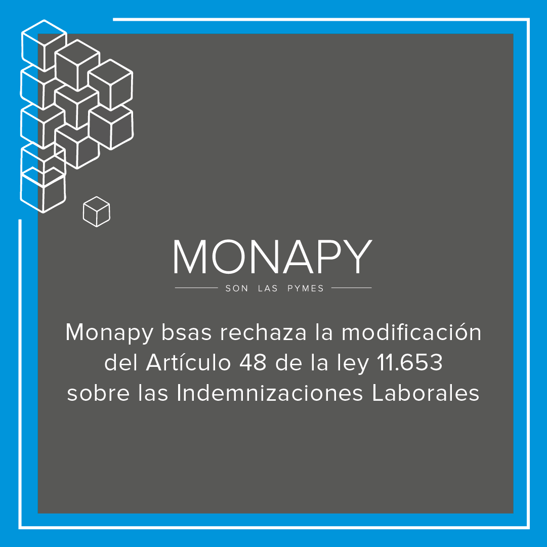 monapybsas's tweet photo. Rechazamos la modificación del art. 48 de la Ley 11.653 en Buenos Aires. La actualización de las Indemnizaciones Laborales según el CER + 6% anual es desproporcionada y perjudicial para las pymes que generan el 70% del empleo del país. #NoALaModificación #ApoyoALasPymes https://t.co/Cd0cjHXyAG