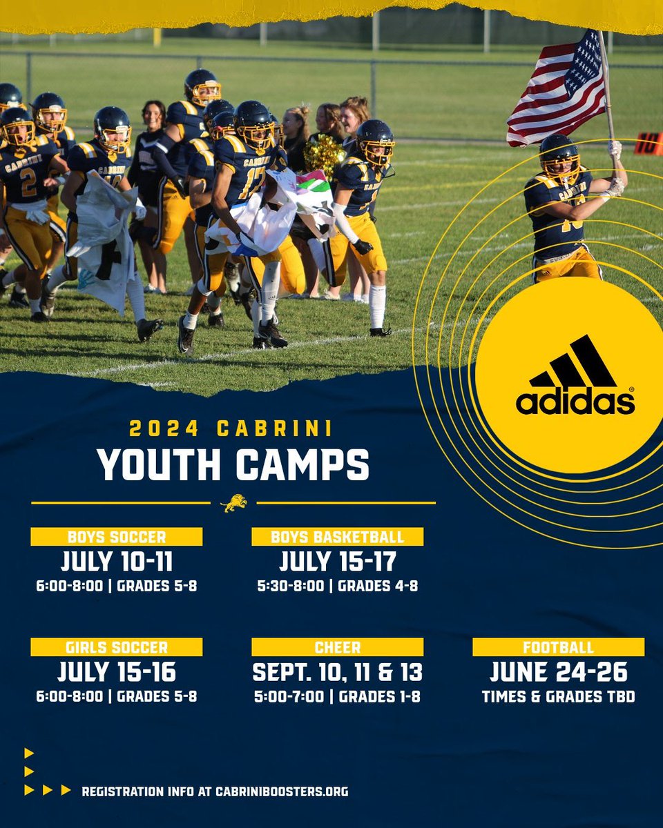 ☀️ Cabrini Summer Youth Camps! 🚨

Save the dates and be on the lookout for more registration information on the Cabrini Athletic Boosters website soon! 

#MonarchPride