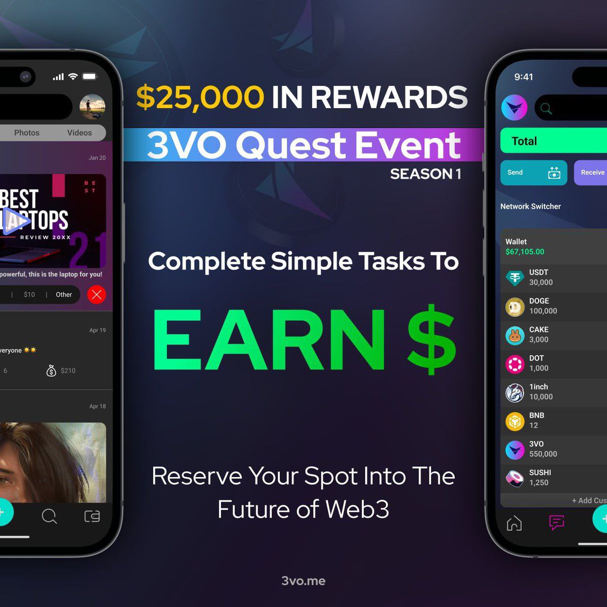 New airdrop: 3VO (New) Reward: 800 3VO (~$15) News: Cookie3, BNBChain Distribution date: After listing 🤖Start bot : t.me/Official3VONew… -Complete all task of the airdrop -Download the 3VO Android APP -Submit your BSC wallet address -For 1000 Random Lucky winner