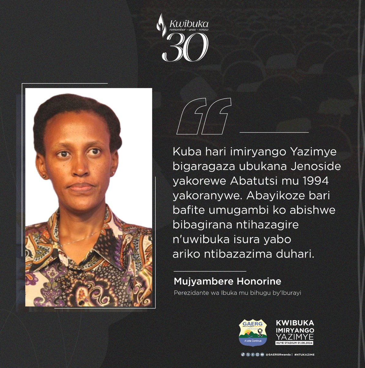 Perezidante wa Ibuka mu bihugu by'Iburayi, <a href="/HMujyambere/">Honorine Mujyambere</a>:

▶️Kuba hari imiryango Yazimye bigaragaza ubukana jenoside yakorewe Abatutsi mu 1994 yakoranywe. Abayikoze bari bafite umugambi ko abishwe bibagirane, ntihazagire n'uwibuka isura yabo ariko ntibazazima duhari.

#Kwibuka30