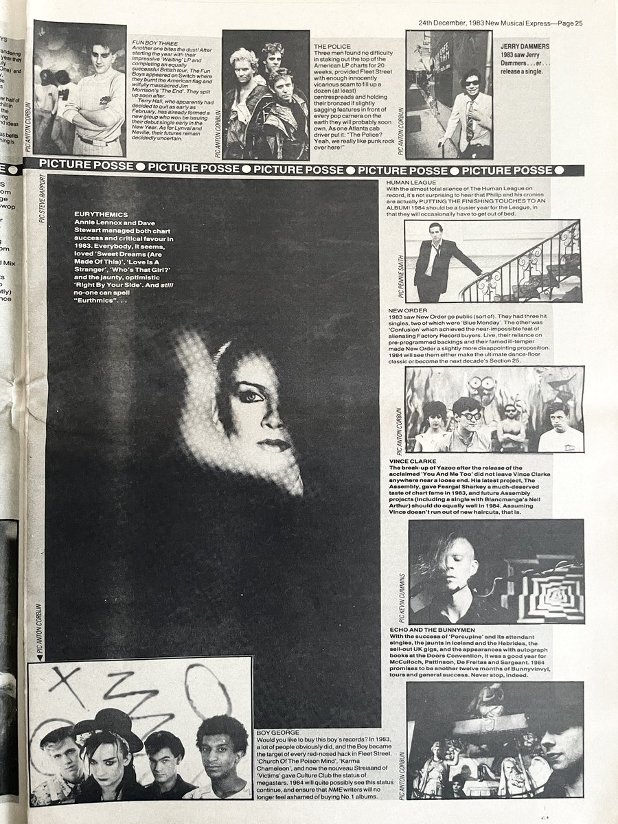 Kevin Rowland, Echo And The Bunnymen, Tom Waits, New Order, Carmel, Eurythmics, and more.
Part of a 1983 picture review, New Musical Express, 24 December 1983.