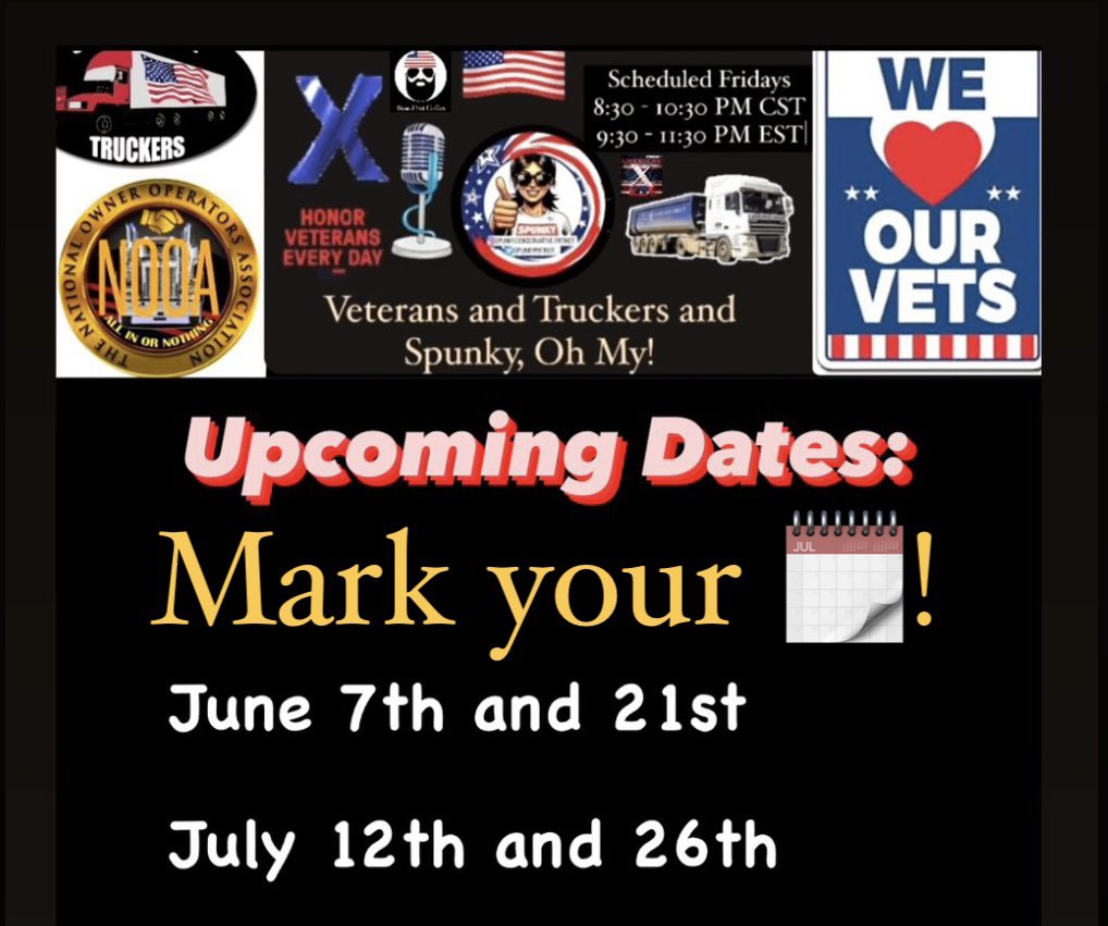 @RealAlexJones If you're a Veteran, Trucker who's a Veteran or Patriot who supports Veterans, then plesse set your notifications and follow me. Then, join us for upcoming episodes of
#VeteransAndTruckersAndSpunkyOhMy . 
Recordings of previous episodes can be found under my profile highlights,