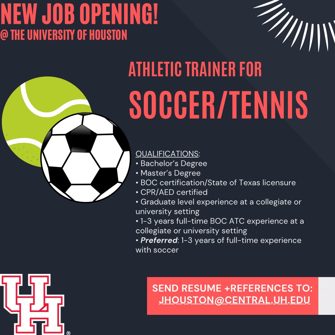 UH_SportsMed's tweet photo. JOIN the best university in Texas! We have a new athletic training position open for our soccer/tennis team! Check out the qualifications above; full time benefits and post season incentive pay are included as well. We are receiving applications NOW so don't delay‼️ https://t.co/WqzbD7cHpe