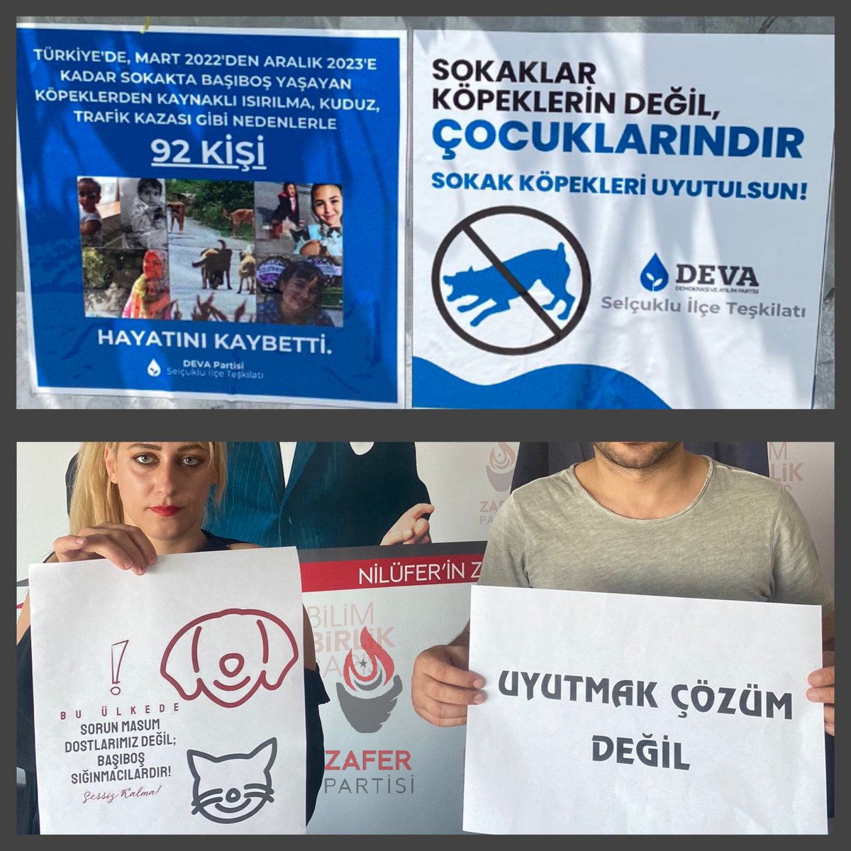 🟦 Deva Partisi Teşkilatı: Sokaklar Köpeklerin Değil, Çocuklarındır. Sokak Köpekleri Uyutulsun! 🟥 Zafer Partisi Teşkilatı: Sorun Masum Dostlarımız Değildir! Uyutmak Çözüm Değildir!