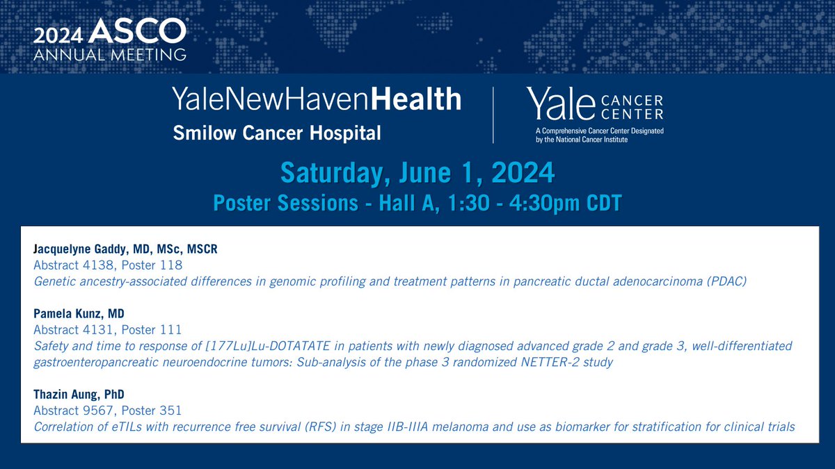 Yale Cancer Center (@yalecancer) on Twitter photo This afternoon from 1:30pm - 4:30pm CDT, visit Hall A at #ASCO24 to support the poster presentations from <a href="/PamelaKunzMD/">Pamela Kunz, MD, FASCO</a>, <a href="/JacquelyneGMD/">Jacquelyne Gaddy, MD</a>, and <a href="/tznaung/">Thazin Nwe Aung, PhD</a> @RimmPathology.
yalecancercenter.org/research/excel…
<a href="/SmilowCancer/">Smilow Cancer Hospital</a> <a href="/YaleMed/">Yale School of Medicine</a> <a href="/YNHH/">Yale New Haven Hosp</a> <a href="/YaleGICancers/">Center for Gastrointestinal Cancers</a> This afternoon from 1:30pm - 4:30pm CDT, visit Hall A at #ASCO24 to support the poster presentations from <a href="/PamelaKunzMD/">Pamela Kunz, MD, FASCO</a>, <a href="/JacquelyneGMD/">Jacquelyne Gaddy, MD</a>, and <a href="/tznaung/">Thazin Nwe Aung, PhD</a> @RimmPathology.
yalecancercenter.org/research/excel…
<a href="/SmilowCancer/">Smilow Cancer Hospital</a> <a href="/YaleMed/">Yale School of Medicine</a> <a href="/YNHH/">Yale New Haven Hosp</a> <a href="/YaleGICancers/">Center for Gastrointestinal Cancers</a>