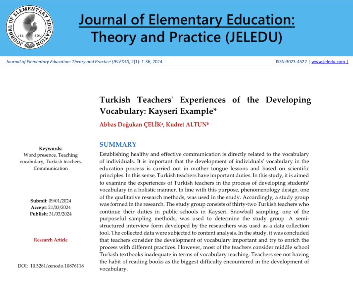 Jel_Edu's tweet photo. Turkish Teachers Experiences of the Developing Vocabulary: Kayseri Example* 

Abbas Doğukan ÇELİK &amp; Kudret ALTUN

✅ https://t.co/HOjm6IRpVp

#teachingvocabulary  #turkishteachers 
#communication https://t.co/3wse16Ivtn