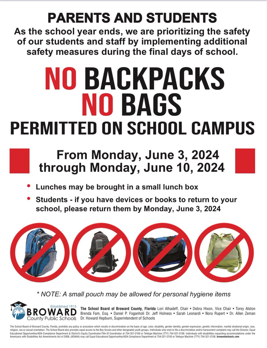 As Mrs. Pitter says every day - Safety First! BACKPACKS and BAGS will not be permitted on campus beginning Monday, June 3rd - June 10th, 2024. #tigernation #endofyear #safetyfirst