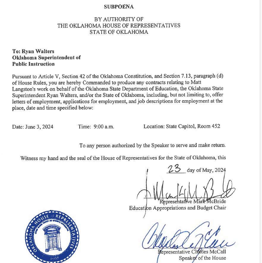 State Supt. Walters with some fiery words towards @RepMarkMcBride, following both the restriction on how OSDE can spend money (no media & PR) and a subpoena for info on Matt Langston's employment.