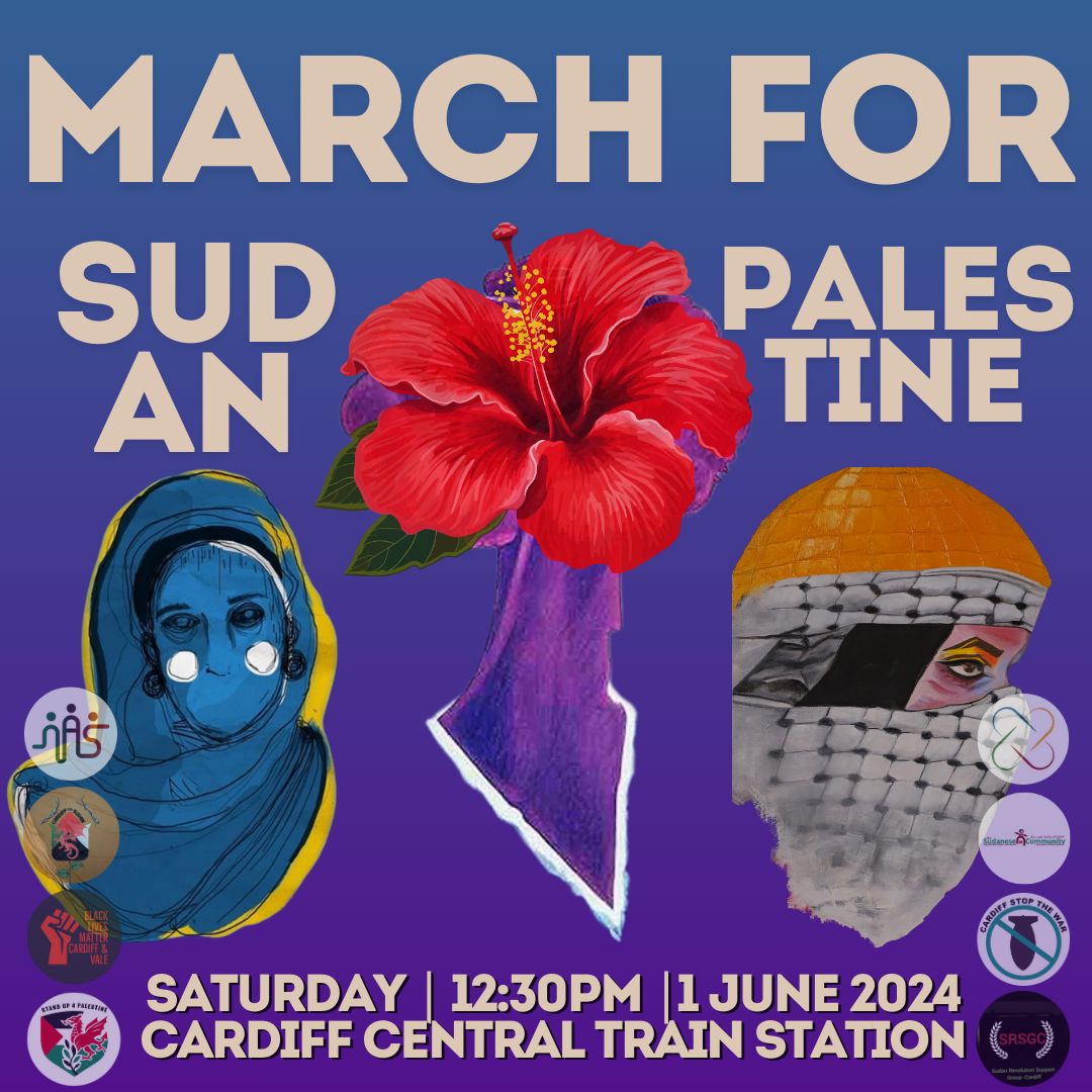 2nd Cardiff March 4 Palestine & Sudan Gaza: Stop the Rafah massacre Sudan: Remember 3 June 2019 Khartoum massacre Wear blue if can! After Khartoum massacre, Sudan went blue on social media, wall murals, in tribute to Mohamed Mattar whose favourite colour was blue & other martyrs