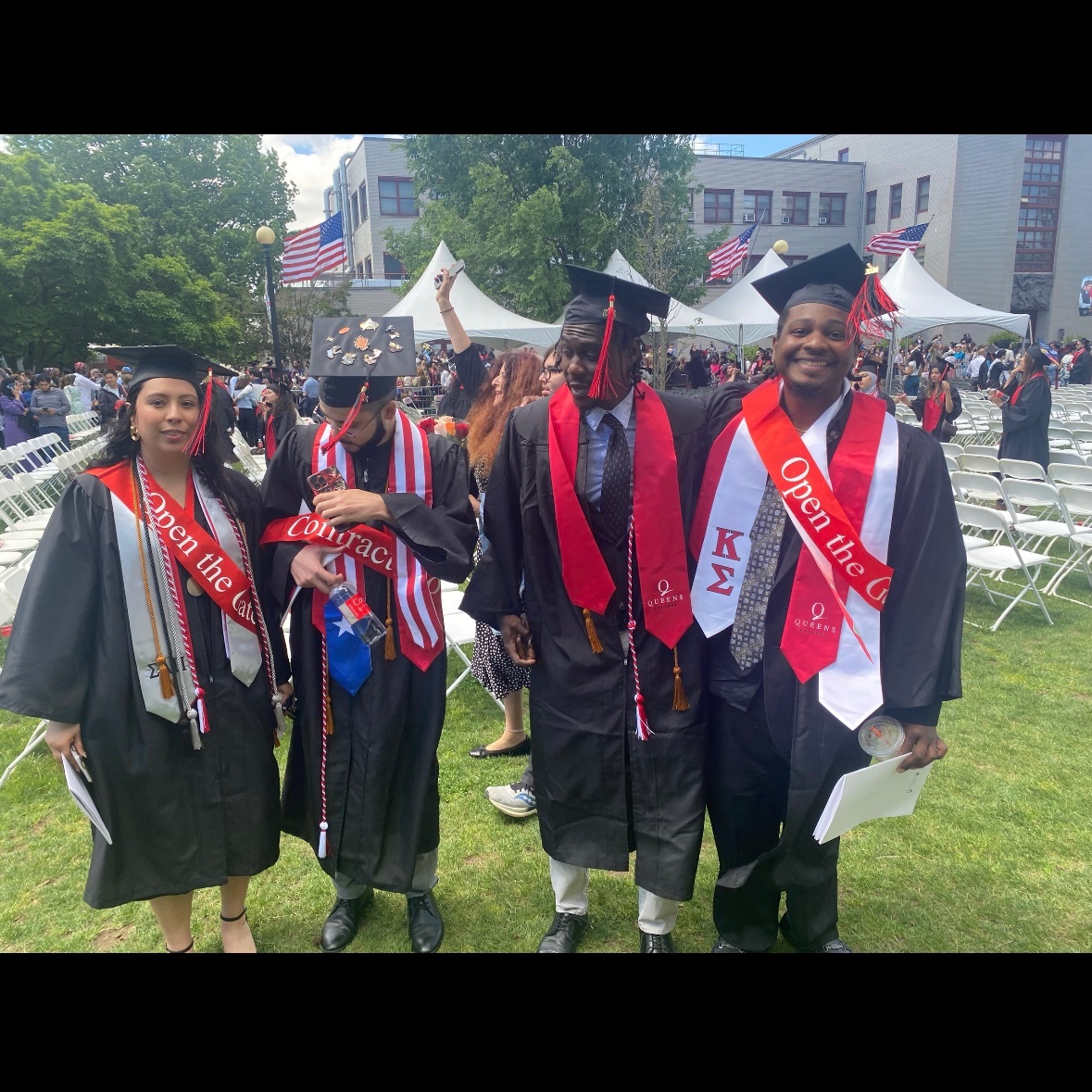 psc_qc's tweet photo. Congratulations to the class of 2024! 

[Students, faculty, staff at QC CUNY’s commencement wear sashes with messages like “Open the gates,” “Don’t fire professors,” and “Contract now!”]

#AgainstAusterity #CareNotCuts #FixCUNY #FundCUNY #InvestInCUNY #APeoplesCUNY #Red4HigherEd https://t.co/caB3jJZCAR