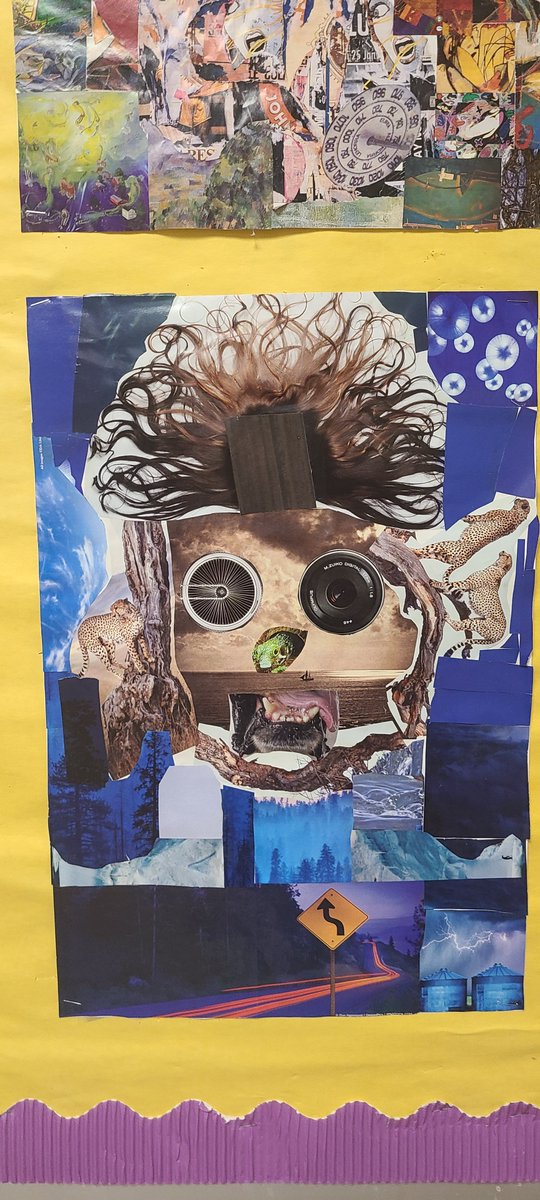 Art teacher Elena Diadenko's students finish and display their abstract collage portraits where they use imagination and magazine cut-outs to create a portrait of a person who lives or loves a particular environment.  @network14cps @drheidymoran @CPSuccessCHI
