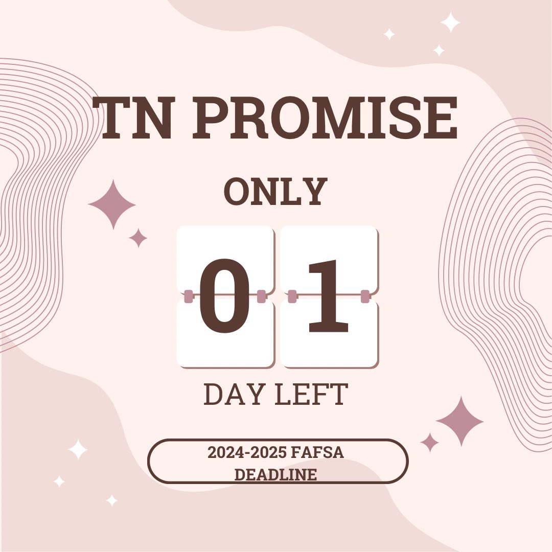 TOMORROW is the FAFSA deadline for TN Promise students.
If you have not already visit StudentAid.gov to complete the application and don’t hesitate to reach out if you need assistance!