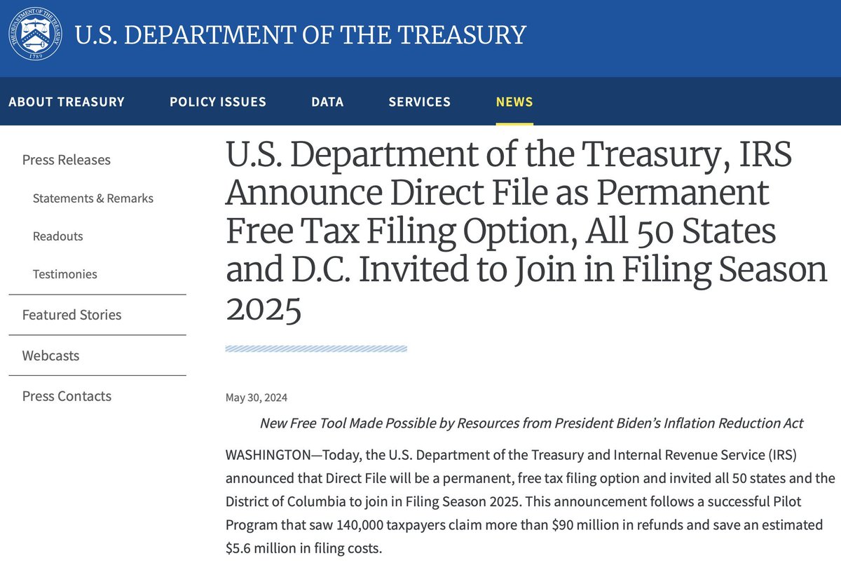 The Treasury Department & IRS announced that the government's new, free direct tax filing program will go nation-wide next year. (The Inflation Reduction Act funded its creation.) cc: @USTreasury