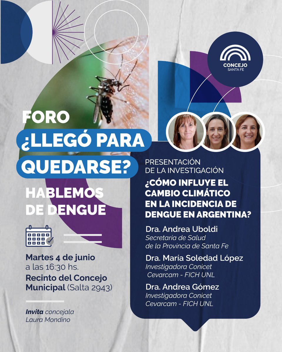 El próximo martes nos encontramos en @ConcejoSantaFe para hablar sobre #dengue y #cambioclimático con investigadoras del @CONICETDialoga y la secretaria de @MinSaludSantaFe @UboldiASalud 

Inscribite acá: surl.li/ualft 📱