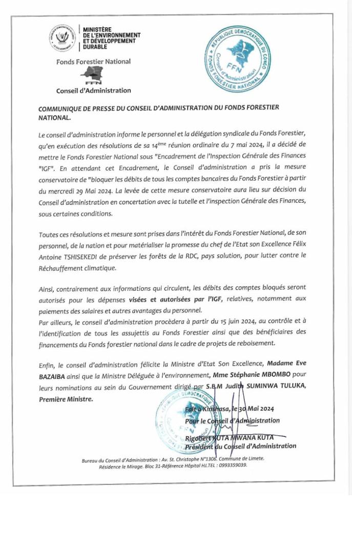 #RDC: Le Conseil d'administration du fonds forestier nationale (#FNN) du ministère de l'environnement et développement durable de la République démocratique du Congo a pris la mesure conservatoire de 'bloquer' les débits de tous les comptes bancaires de cet établissement public à