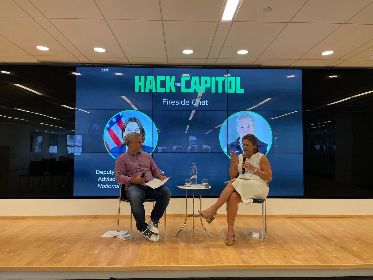 Happening now at #HacktheCapitol: @Crowell_Moring's Evan Wolff sits down for a fireside chat with Deputy Homeland Security Advisor Caitlin Durkovich of the National Security Council. 
@ICS_Village @MasonNatSec #criticalinfrastructure
📺 Watch now: securityandtechnology.org/hack-the-capit…