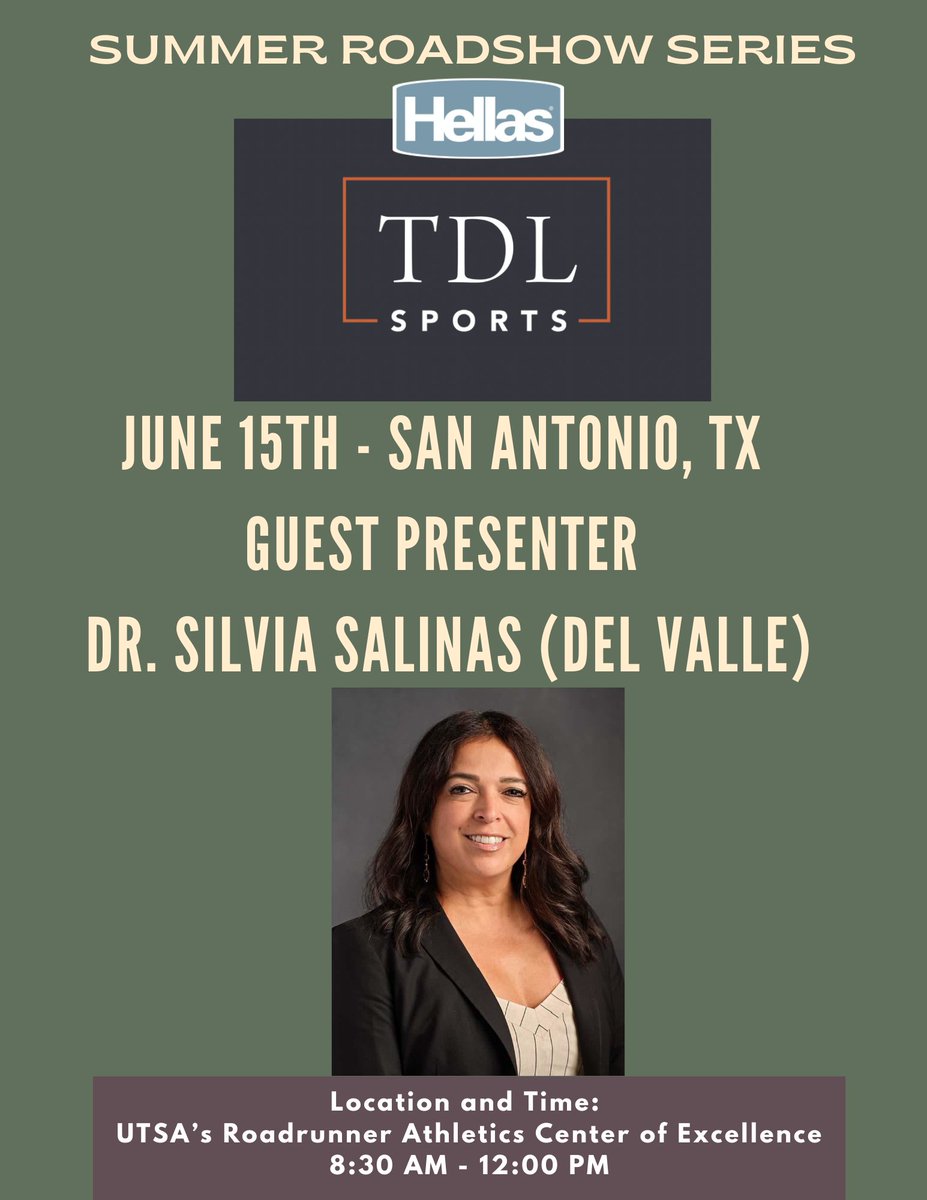 Announcing our first guest presenter at the Summer Roadshow stop in San Antonio on June 15th - Dr. Silvia Salinas. Dr. Salinas is a legendary figure in athletics who has a passion for leadership development. To sign up now and/or to learn more, visit: tdlsports.org/our-events