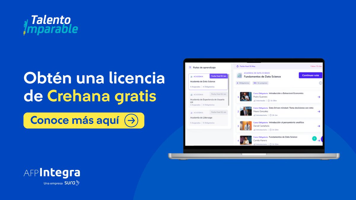 AFP_Integra's tweet photo. ¡Potencia tu perfil profesional con #TalentoImparable!
Nos aliamos con #Crehana para ofrecerte una licencia totalmente gratuita que te permitirá acceder a 40 contenidos en su plataforma.
Solicita una en: https://t.co/SVirRnNiSV
*Inscripciones abiertas hasta mañana https://t.co/kjuGK61rHz