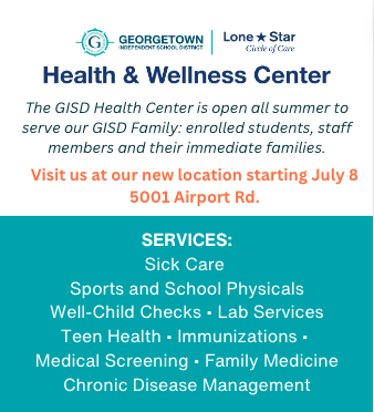 GeorgetownISD's tweet photo. BE WELL THIS SUMMER!
The GISD Health &amp; Wellness Center is open Mondays through Thursdays from 7 am - 4 pm and serves students, staff &amp; their immediate families with fast and affordable healthcare.
Learn more or schedule an appointment today!
@LoneStarCares
https://t.co/41alJt2j2j https://t.co/S1HFlvM1NT