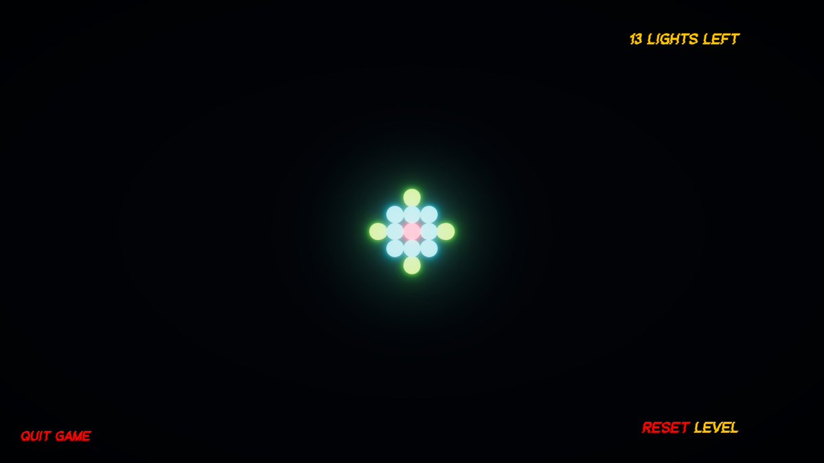 Csf91Dev's tweet photo. I'm participating in the #GDTVJam #GameJam #GameDevTVJam and here are some images of the project. For now it has three levels, and I'll add more along with audio in the next update.
To win you click on the lights to #UnLIT them until only the red one remains.😁 https://t.co/J2mkWjQGKK