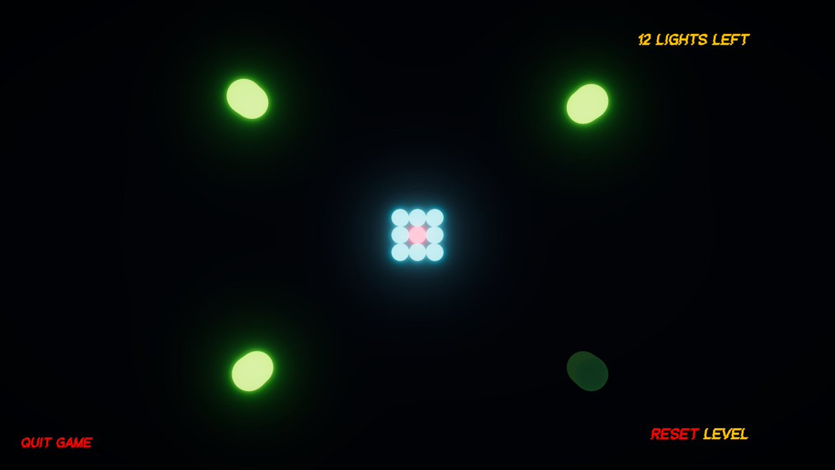 Csf91Dev's tweet photo. I'm participating in the #GDTVJam #GameJam #GameDevTVJam and here are some images of the project. For now it has three levels, and I'll add more along with audio in the next update.
To win you click on the lights to #UnLIT them until only the red one remains.😁 https://t.co/J2mkWjQGKK