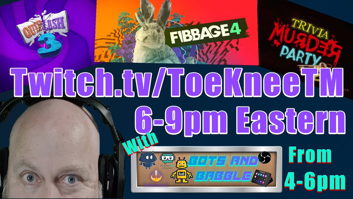 ToeKneeTM's tweet photo. Thirsty Thursday?

Indeed! So it's Bots and Babble from 4ish-6 and then Jackbox from 6-9pm Eastern! Live first with live streaming tech Q&amp;A then some Fibbage, Quip and Trivia Murder Party. Wheels, beans and shenanigans await.

See you soon. Link in bio. https://t.co/6vkEhSsgxi
