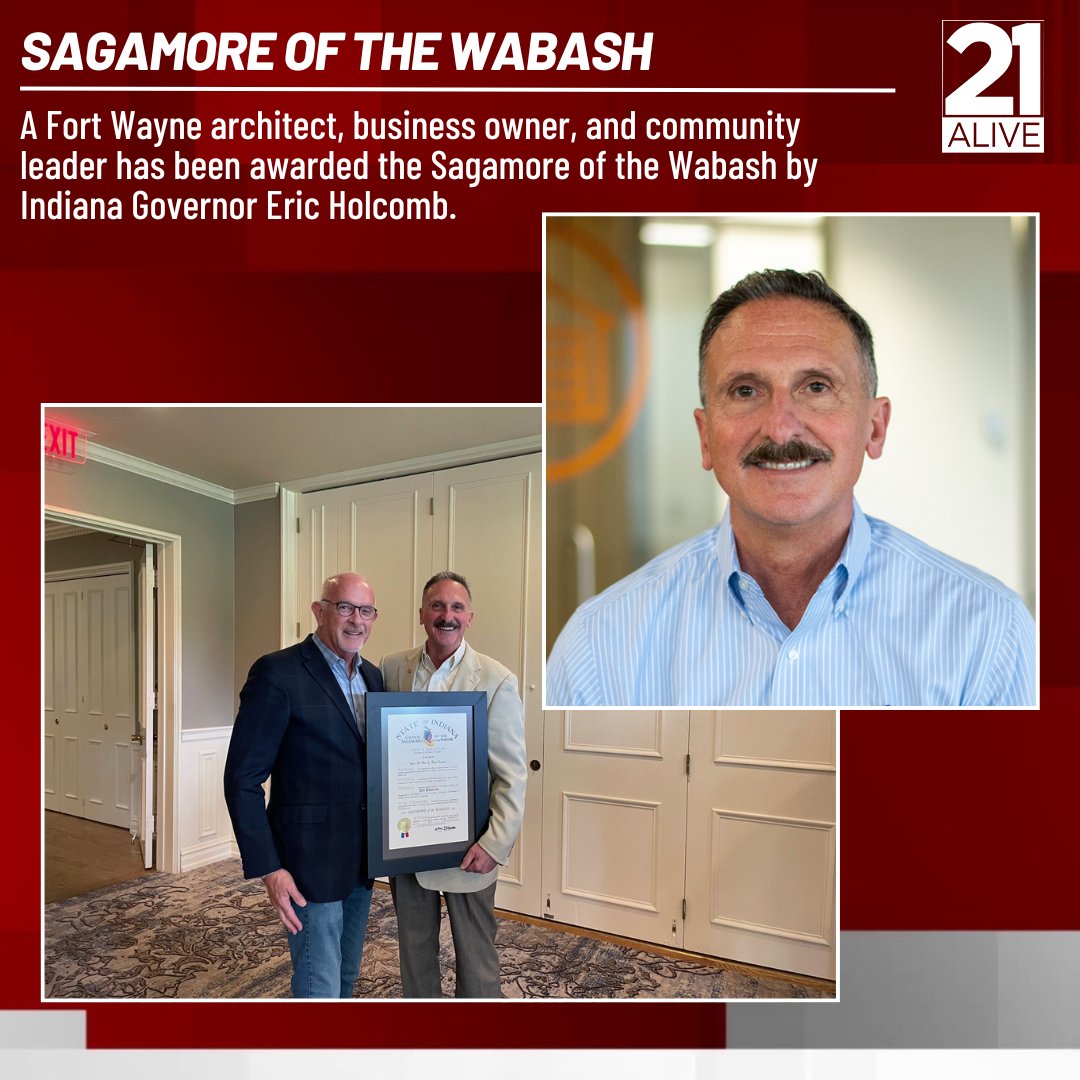 Fort Wayne architect, business owner, and community leader Pat Pasterick has been awarded the Sagamore of the Wabash by Indiana Governor Eric Holcomb.

READ MORE: 21alivenews.com/2024/05/30/pat…